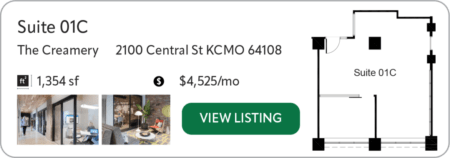 Suite 01C The Creamery 2100 central st kansas city mo 64108 $4525/mo full service 1354 sf