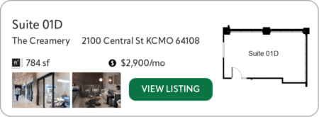 Suite 01D The Creamery 2100 Central St Kansas City MO 64108 $2,900/mo full service 784 sf