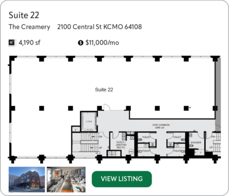Suite 22 The Creamery 2100 Central st kansas city mo 64108 $11000/mo full service 4190 sf